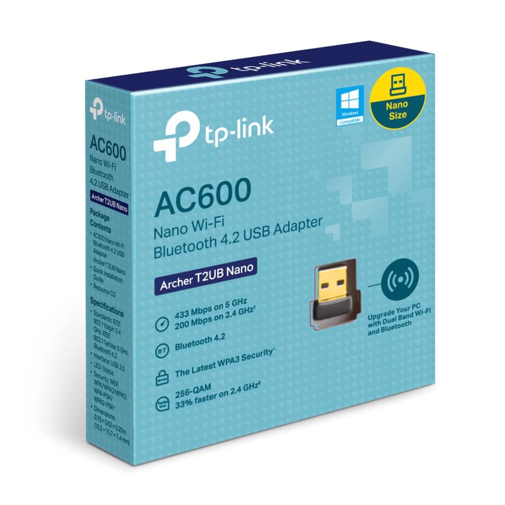 Adapter TP-Link Archer T2UB Nano | AC600 Nano Wi-Fi + Bluetooth 4.2 USB Adapter, Dual Band Wireless 600 Mbps, Supports Windows 11/10/8.1/8/7 For WiFi, Windows 11/10/8.1/7 For Bluetooth, Plug & Play, Black