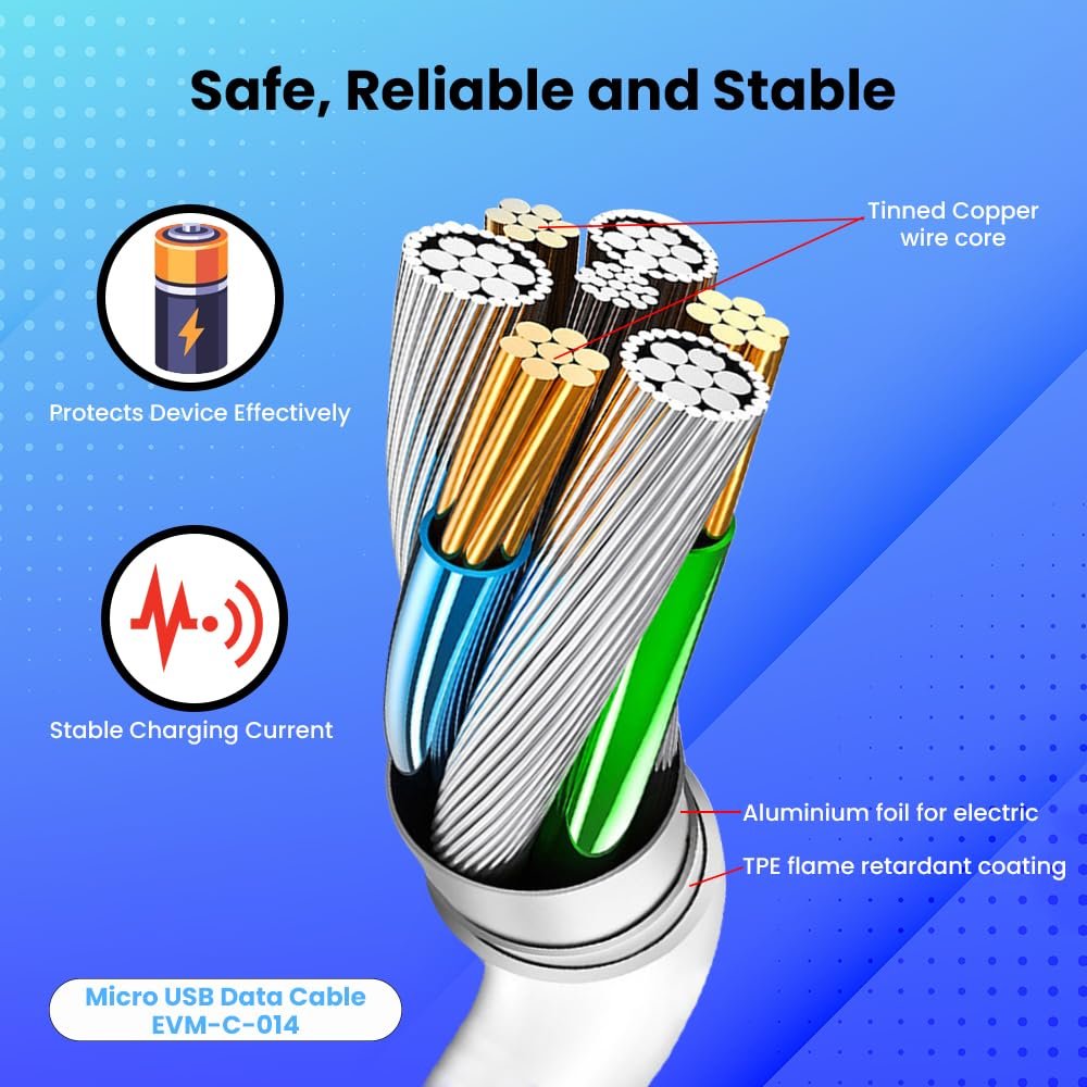 Cable EVM Micro USB Charge & Sync Cable PVC 1mtr 3Amp EVM-C-014 | High Speed, Sturdy & Durable, Tangle Free, Temperature Protection, Compatible With All Multiple Devices, White