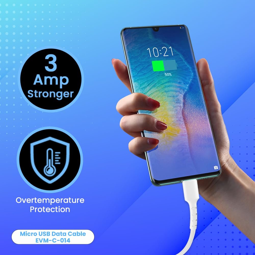 Cable EVM Micro USB Charge & Sync Cable PVC 1mtr 3Amp EVM-C-014 | High Speed, Sturdy & Durable, Tangle Free, Temperature Protection, Compatible With All Multiple Devices, White
