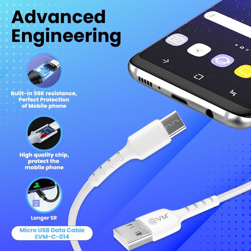 Cable EVM Micro USB Charge & Sync Cable PVC 1mtr 3Amp EVM-C-014 | High Speed, Sturdy & Durable, Tangle Free, Temperature Protection, Compatible With All Multiple Devices, White