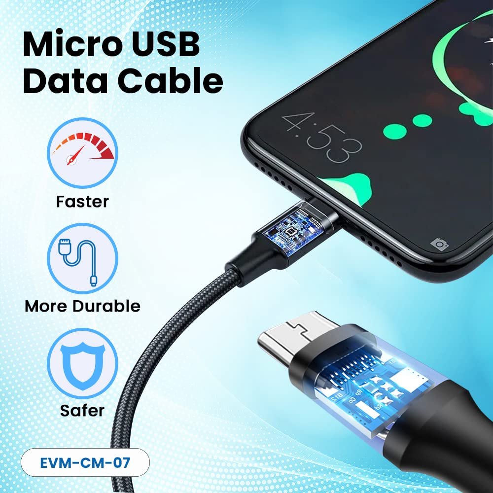 Cable EVM Micro USB Charge & Sync Cable 1mtr 4Amp EVM-CM-07 | High Speed, Sturdy & Durable, Tangle Free, Metal Head Nylon Braided Cable, Compatible With All Multiple Devices, Black