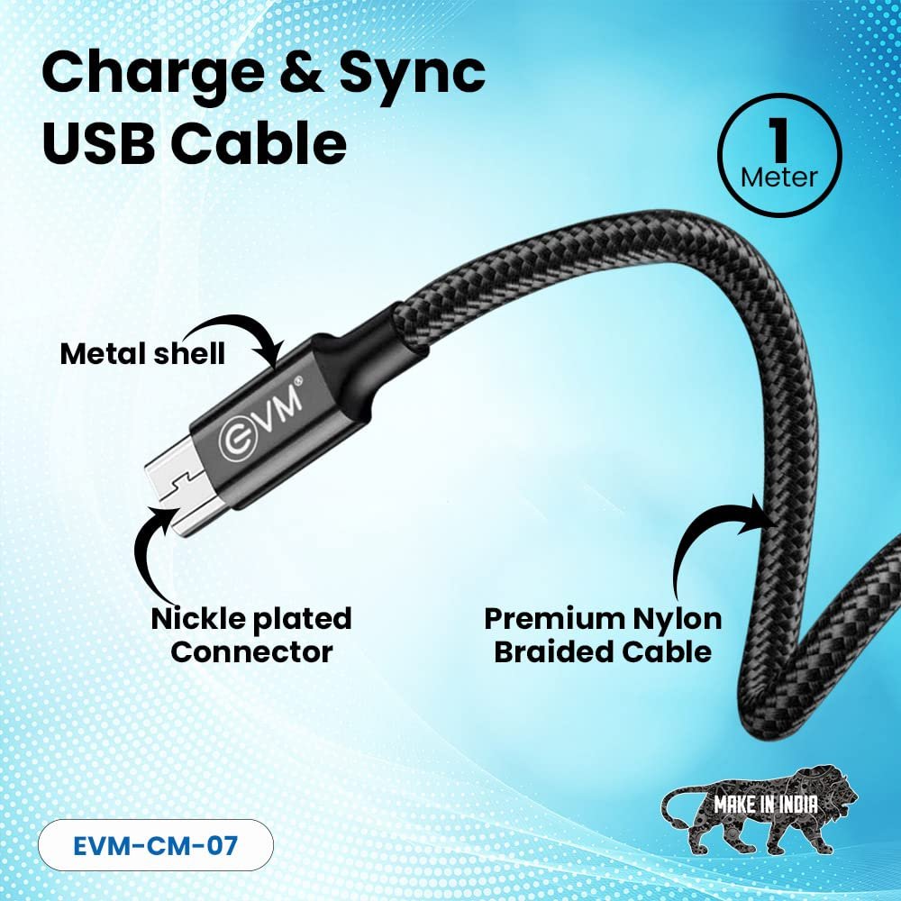 Cable EVM Micro USB Charge & Sync Cable 1mtr 4Amp EVM-CM-07 | High Speed, Sturdy & Durable, Tangle Free, Metal Head Nylon Braided Cable, Compatible With All Multiple Devices, Black