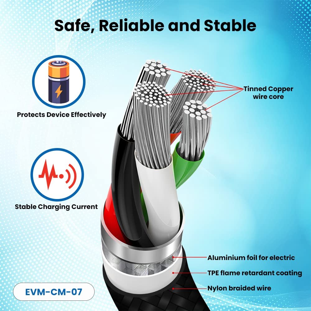 Cable EVM Micro USB Charge & Sync Cable 1mtr 4Amp EVM-CM-07 | High Speed, Sturdy & Durable, Tangle Free, Metal Head Nylon Braided Cable, Compatible With All Multiple Devices, Black