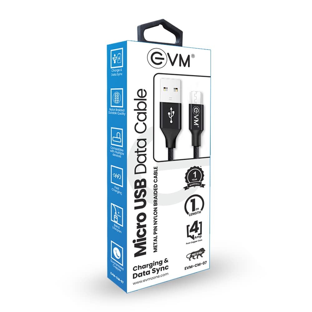 Cable EVM Micro USB Charge & Sync Cable 1mtr 4Amp EVM-CM-07 | High Speed, Sturdy & Durable, Tangle Free, Metal Head Nylon Braided Cable, Compatible With All Multiple Devices, Black