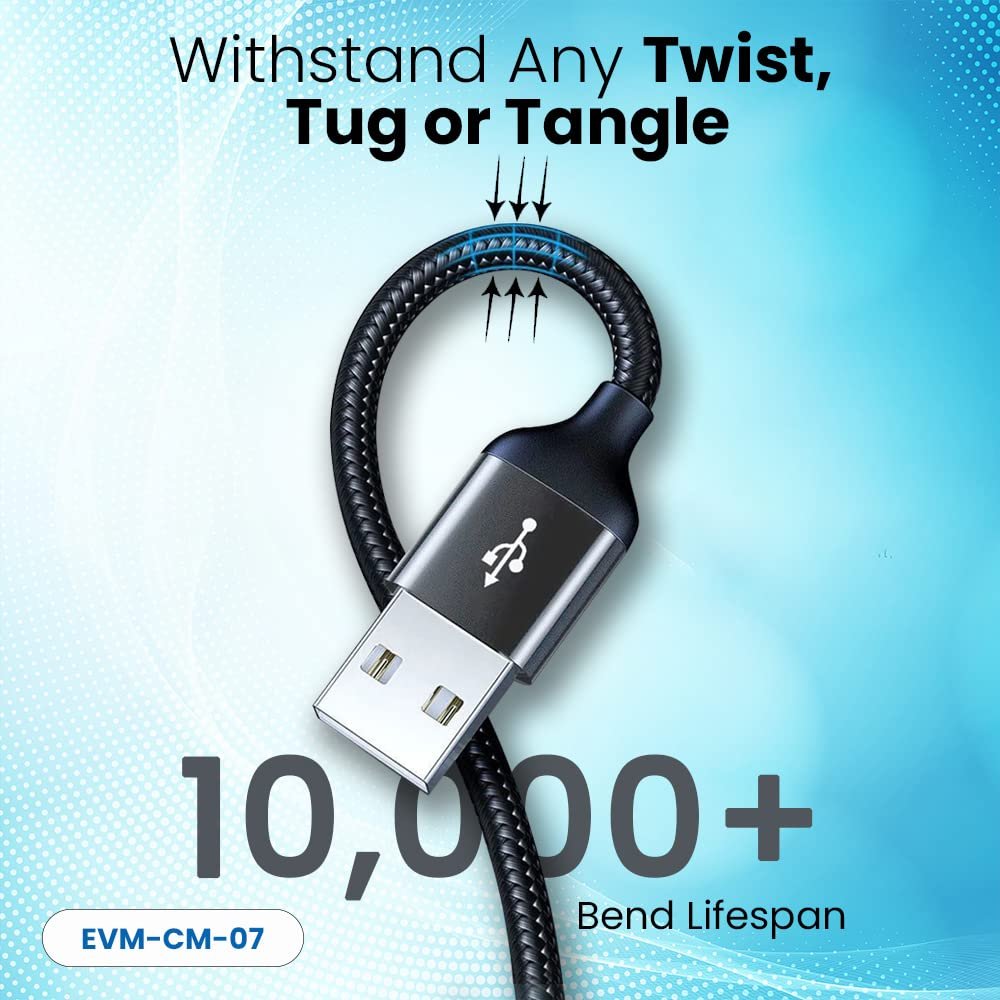 Cable EVM Micro USB Charge & Sync Cable 1mtr 4Amp EVM-CM-07 | High Speed, Sturdy & Durable, Tangle Free, Metal Head Nylon Braided Cable, Compatible With All Multiple Devices, Black