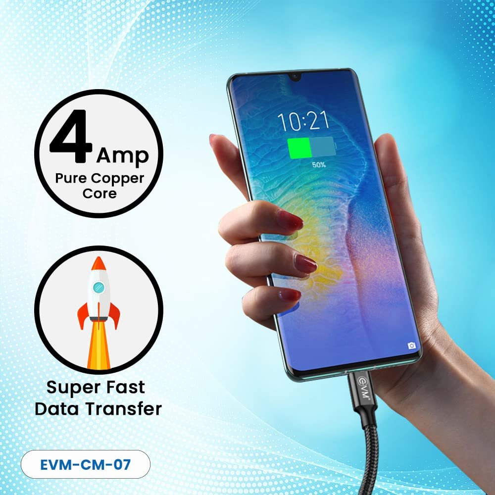 Cable EVM Micro USB Charge & Sync Cable 1mtr 4Amp EVM-CM-07 | High Speed, Sturdy & Durable, Tangle Free, Metal Head Nylon Braided Cable, Compatible With All Multiple Devices, Black