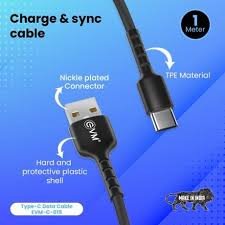 Cable EVM Type-C Charge & Sync Cable PVC 1mtr 3Amp EVM-C-015 | High Speed, Sturdy & Durable, Tangle Free, Temperature Protection, Compatible With All Multiple Devices, Black