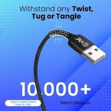 Cable EVM Type-C Charge & Sync Cable PVC 1mtr 3Amp EVM-C-015 | High Speed, Sturdy & Durable, Tangle Free, Temperature Protection, Compatible With All Multiple Devices, Black