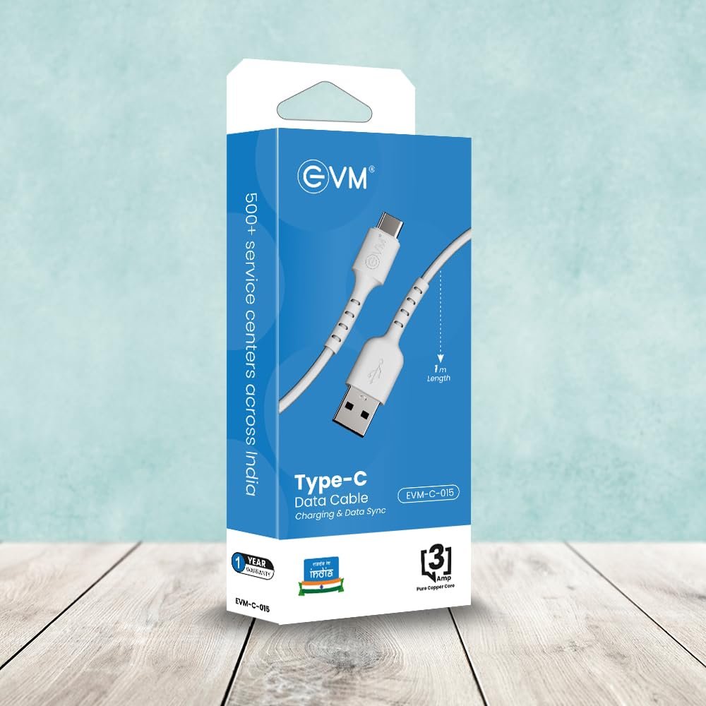 Cable EVM Type-C Charge & Sync Cable PVC 1mtr 3Amp EVM-C-015 | High Speed, Sturdy & Durable, Tangle Free, Temperature Protection, Compatible With All Multiple Devices, White