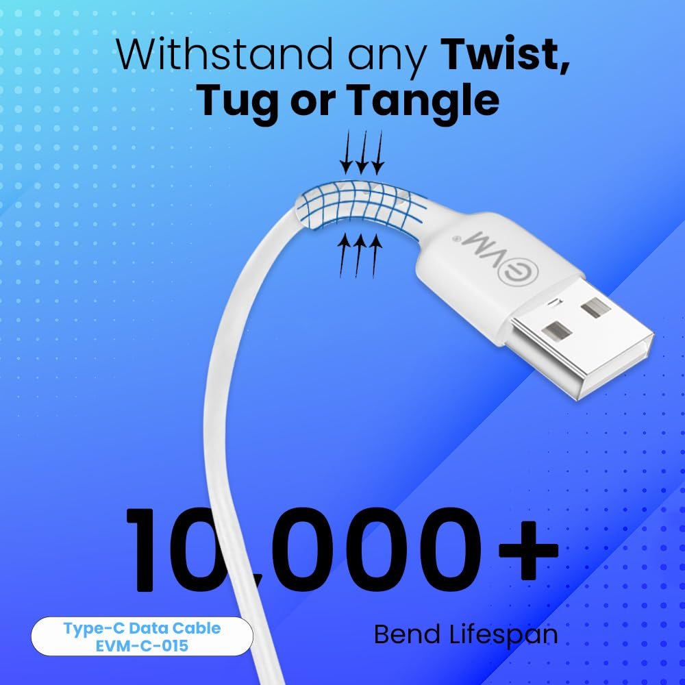 Cable EVM Type-C Charge & Sync Cable PVC 1mtr 3Amp EVM-C-015 | High Speed, Sturdy & Durable, Tangle Free, Temperature Protection, Compatible With All Multiple Devices, White