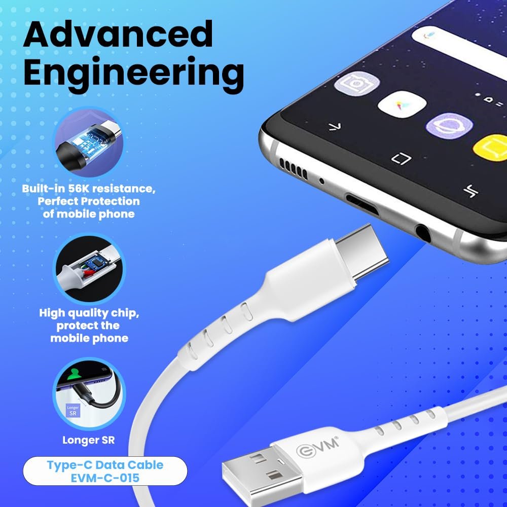 Cable EVM Type-C Charge & Sync Cable PVC 1mtr 3Amp EVM-C-015 | High Speed, Sturdy & Durable, Tangle Free, Temperature Protection, Compatible With All Multiple Devices, White