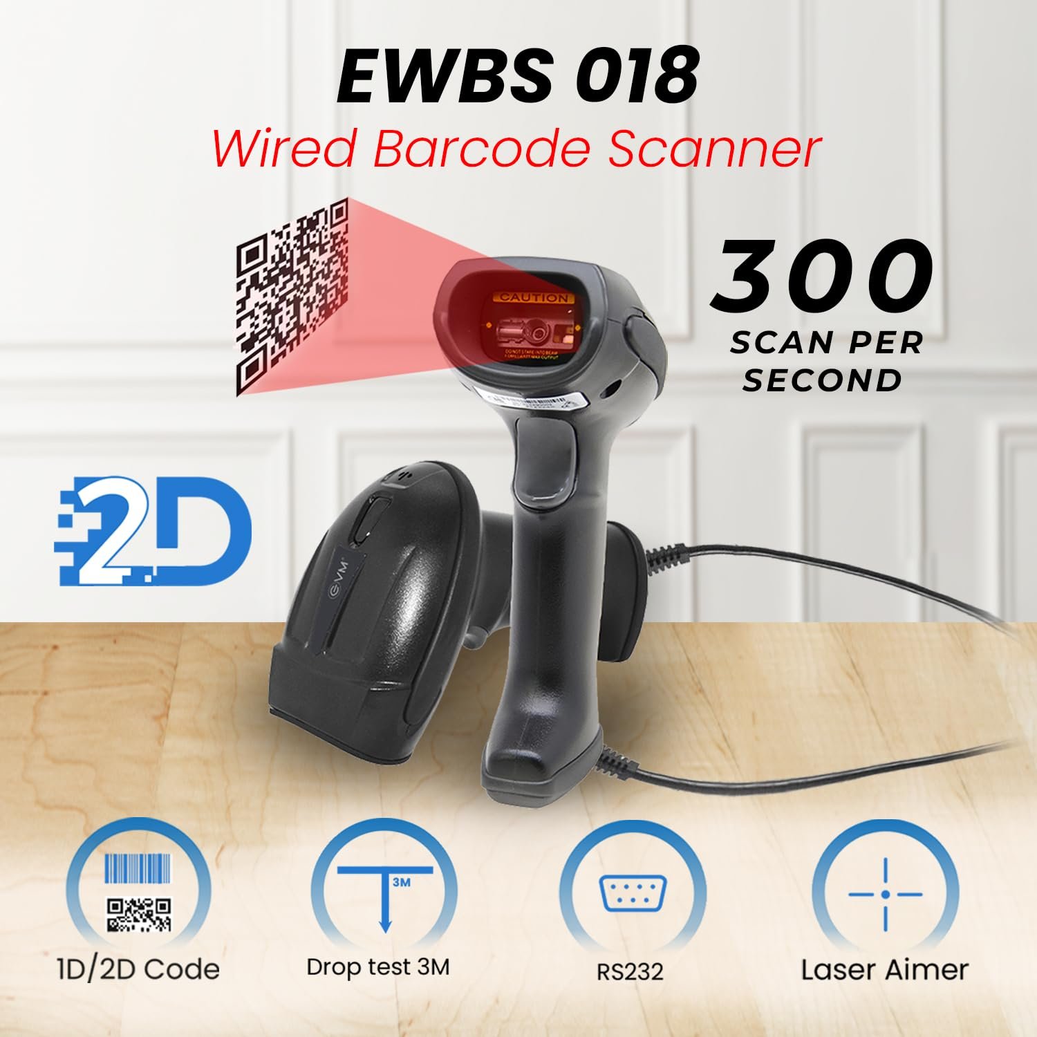 Scanner Barcode EVM Wired 1D / 2D Code EWBS-018 | 300 scan per second, Drop test 1.5m, USB Interface, Laser aim, 1.8m cable