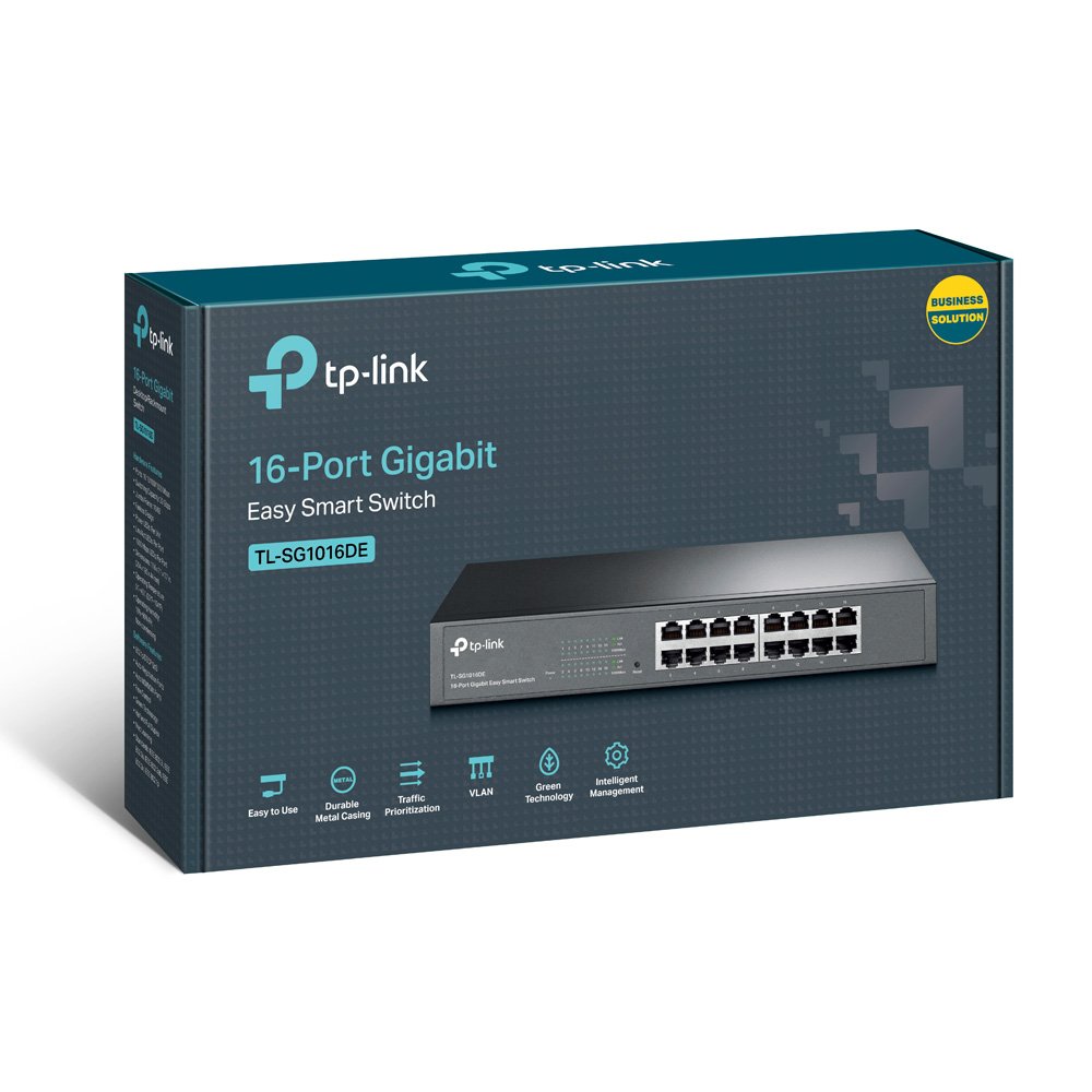 Switch TP-Link TL-SG1016DE | 16 Port Gigabit Easy Smart Switch, 10/100/1000Mbps RJ45 Ports, Traffic Prioritization, Durable Metal Casing, VLAN, Green Technology, Intelligent Management, Easy To Use, Plug & Play, Grey