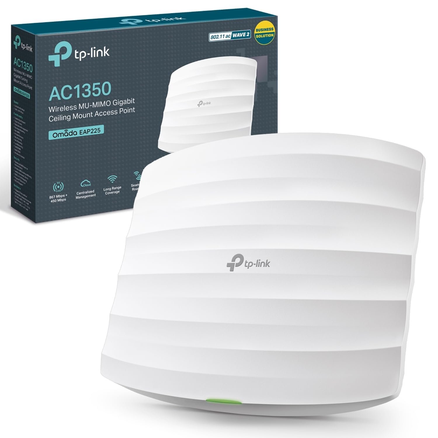 Net TP-Link Omada AC1350 Wireless MU-MIMO Gigabit Ceiling Mount Access Point EAP225 | Support PoE 802.3af/at, Dual_Band, 2.4GHz 5G, Seamless Roaming, Centralized Management, Long Range Coverage, Easily Mount to Wall or Ceiling, PoE Adapter Included, White