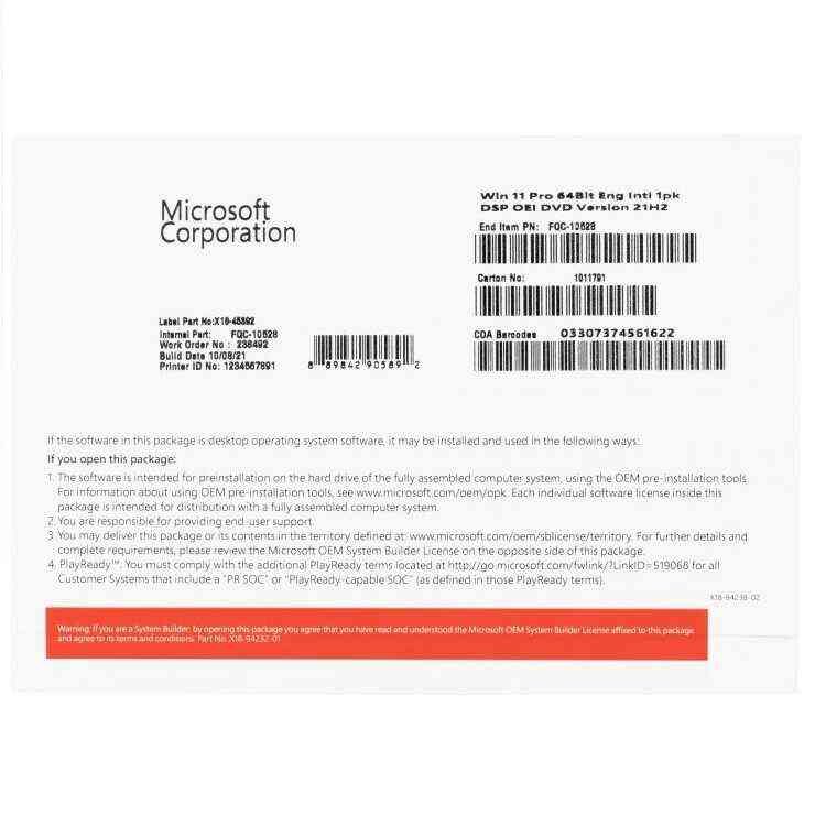 Software Microsoft Windows 11 Professional 64-bit English, OEM | Email delivery in 1 hour during working hours 9am to 5pm (on your request)Software Microsoft Windows 11 Pro 64-bit English, DVD - OEM