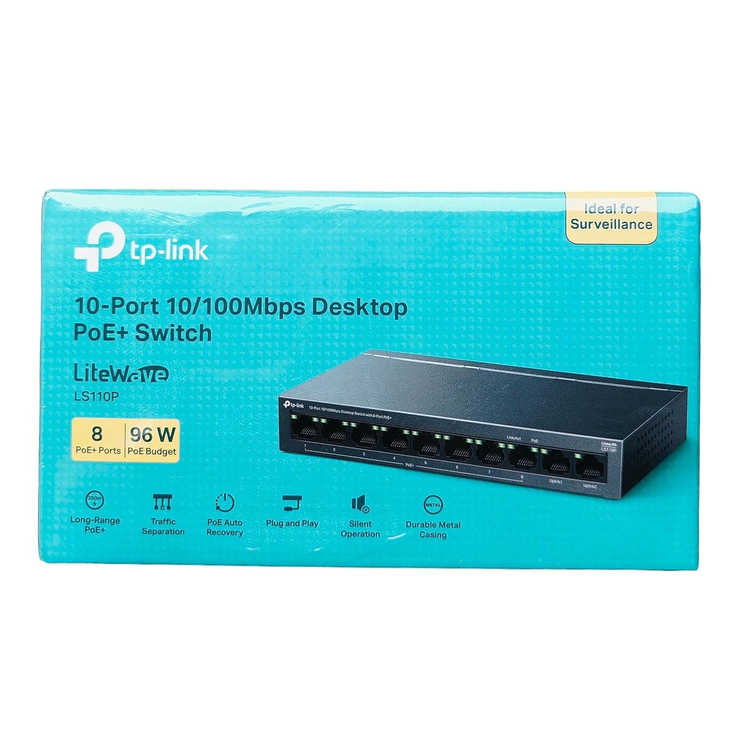 Switch TP-Link LS110P | 10-Port 10/100Mbps Desktop Switch with 8-Port PoE+, 96W Total PoE Budget, PoE Auto Recovery, Plug & Play, Grey