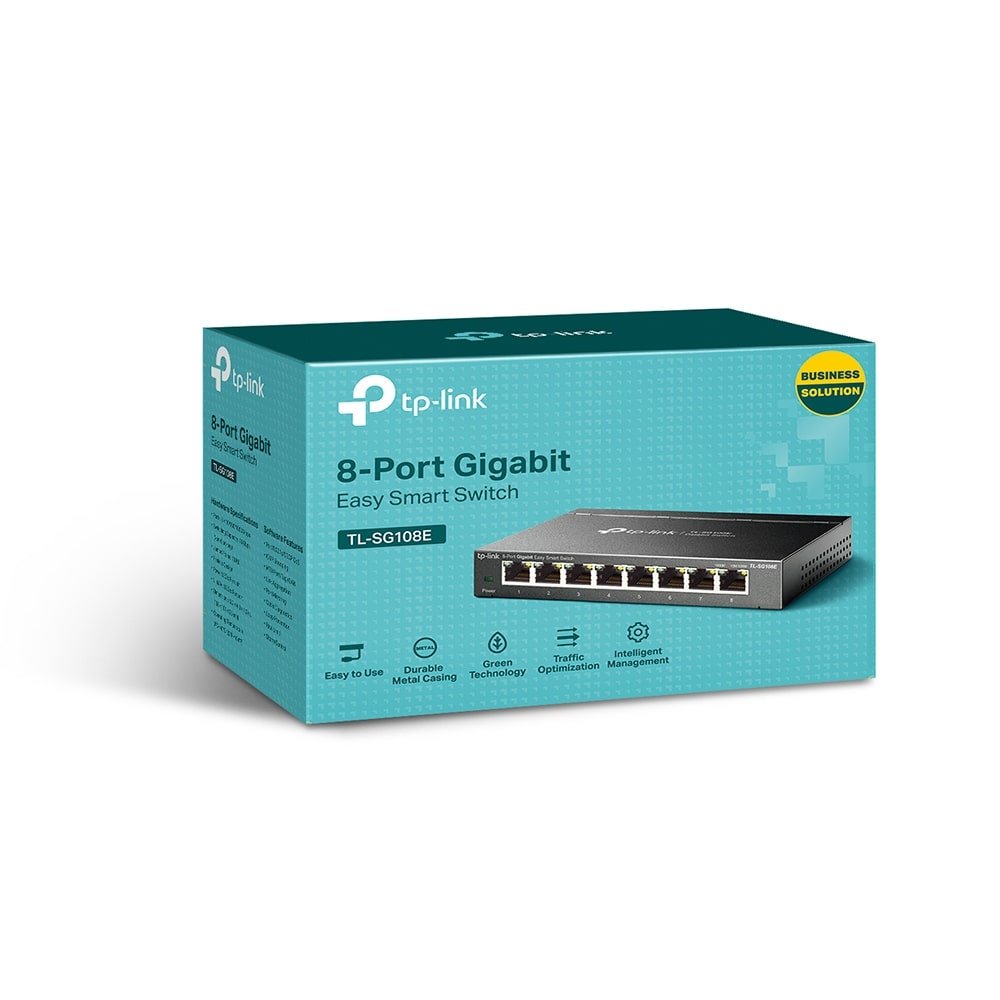 Switch TP-Link TL-SG108E | 8-Port Gigabit Easy Smart Switch, 8 10/100/1000Mbps RJ45 Ports, Desktop/ WallMount, Sturdy Metal W/Shielded Ports, Support QoS, Vlan, IGMP & LAG, Plug & Play, Black