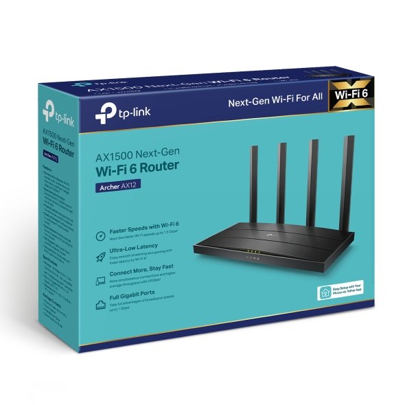 Net Router TP-Link Archer AX12 | AX1500 Dual Band Next-Gen Wi-Fi 6 Wireless Router, Wi-Fi Speeds Upto 1.5 Gbps, 5 GHz + 300 Mbps/2.4 GHz, 1x Gigabit WAN Port + 3 x Gigabit Lan Ports, 4 External Antennas, MU-MIMO, Black