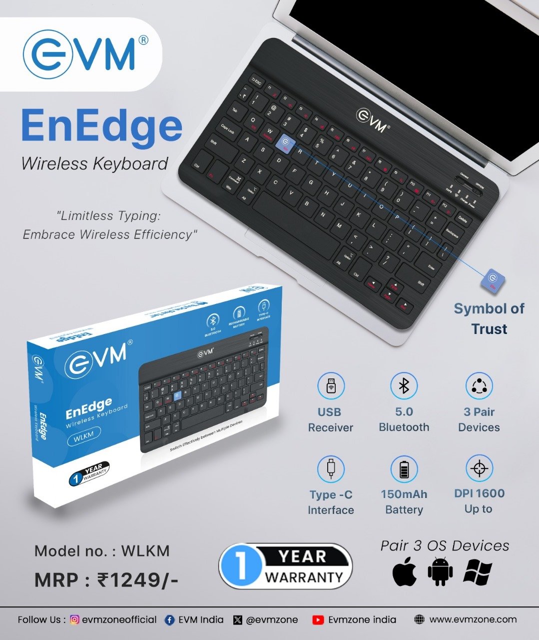 Keyboard EVM ENEDGE WLKM Rechargeable Wireless Keyboard | 9.7 inch, Bluetooth 5.0 With Type C Interface, Ultra Slim & Lightweight, Compatible with Tablets, Smartphones, Black