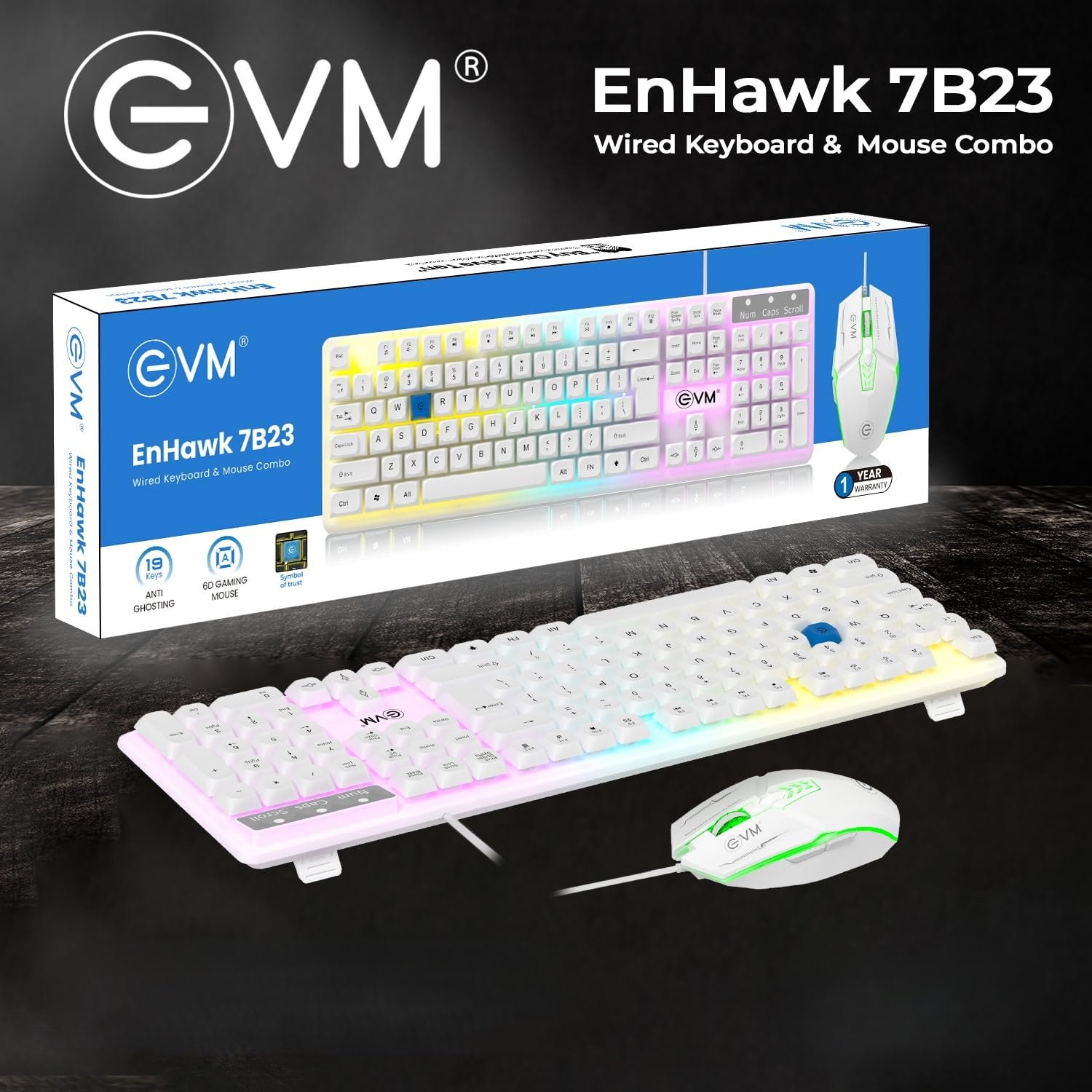 Keyboard & Mouse Combo EVM Gaming Wired EnHawk WDKM-315 | 104 Keys, Backlight Keyboard, 1.5meter Cable Length, White