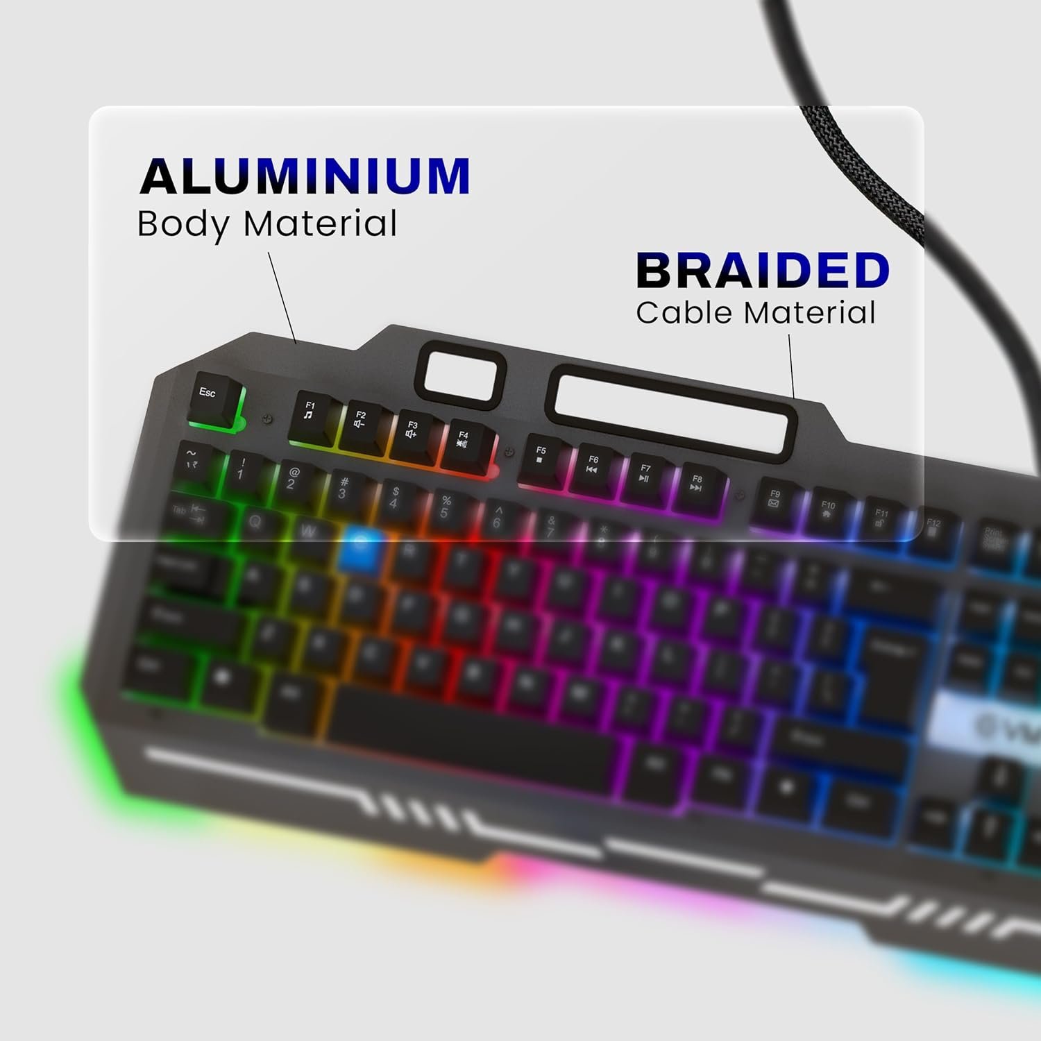 Keyboard & Mouse Combo EVM Gaming Wired EnClaw 9027 WDKM-612 | 104 Keys, Silver Metal Plate, Gold Plated USB, 1.5m Braided Cable, Backlight RGB Multil Color Led Modes, 7200 DPI Resolution, Black + Grey