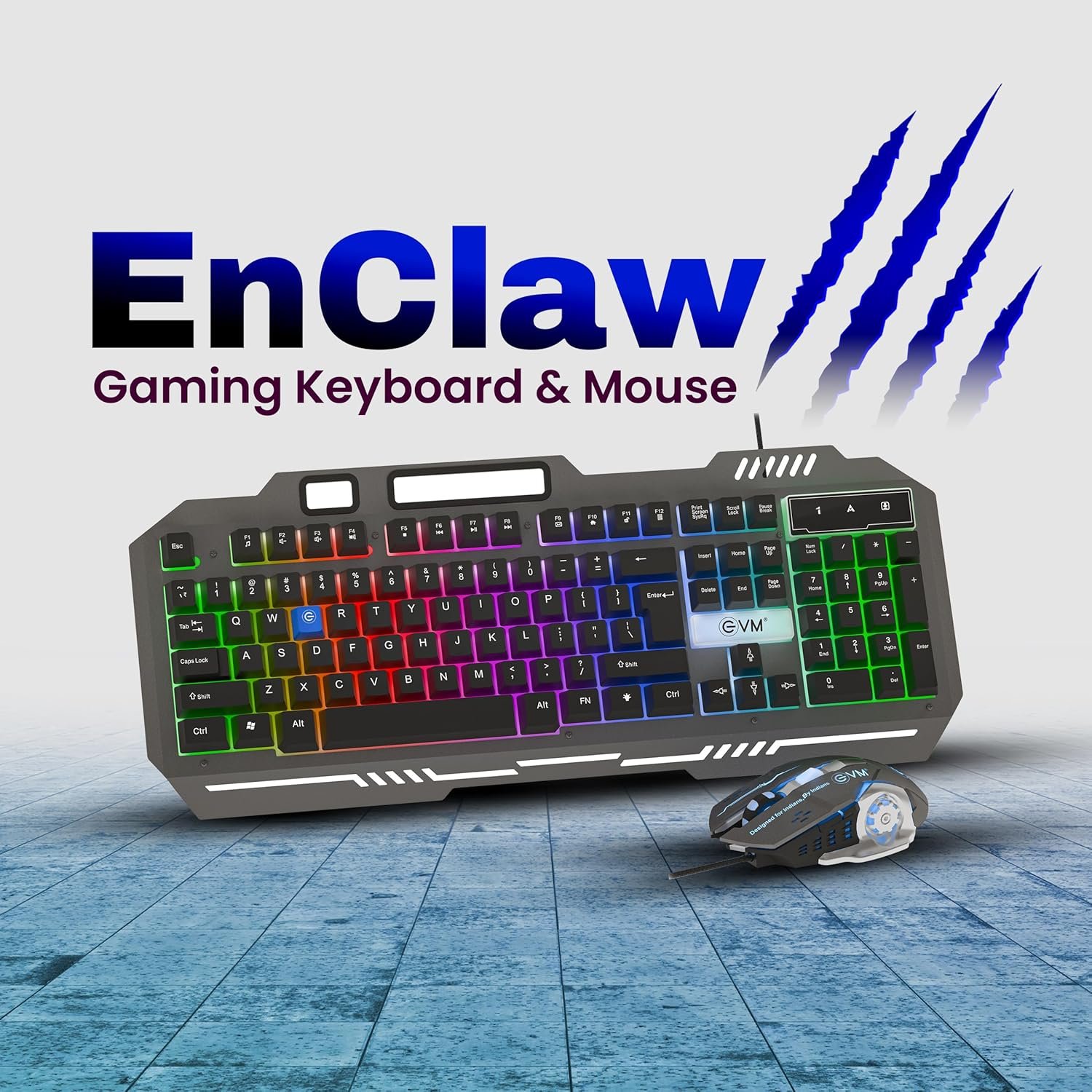 Keyboard & Mouse Combo EVM Gaming Wired EnClaw 9027 WDKM-612 | 104 Keys, Silver Metal Plate, Gold Plated USB, 1.5m Braided Cable, Backlight RGB Multil Color Led Modes, 7200 DPI Resolution, Black + Grey