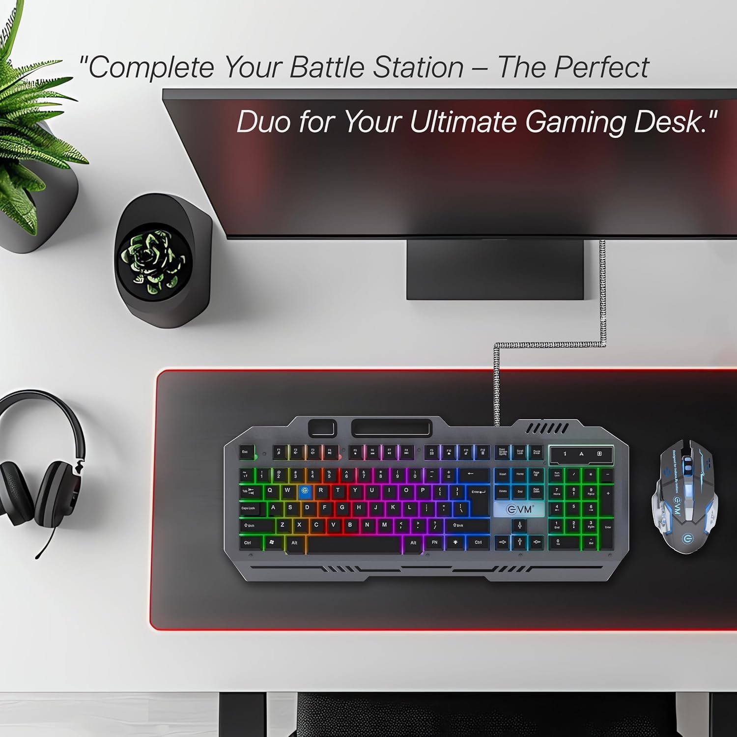 Keyboard & Mouse Combo EVM Gaming Wired EnClaw 9027 WDKM-612 | 104 Keys, Silver Metal Plate, Gold Plated USB, 1.5m Braided Cable, Backlight RGB Multil Color Led Modes, 7200 DPI Resolution, Black + Grey