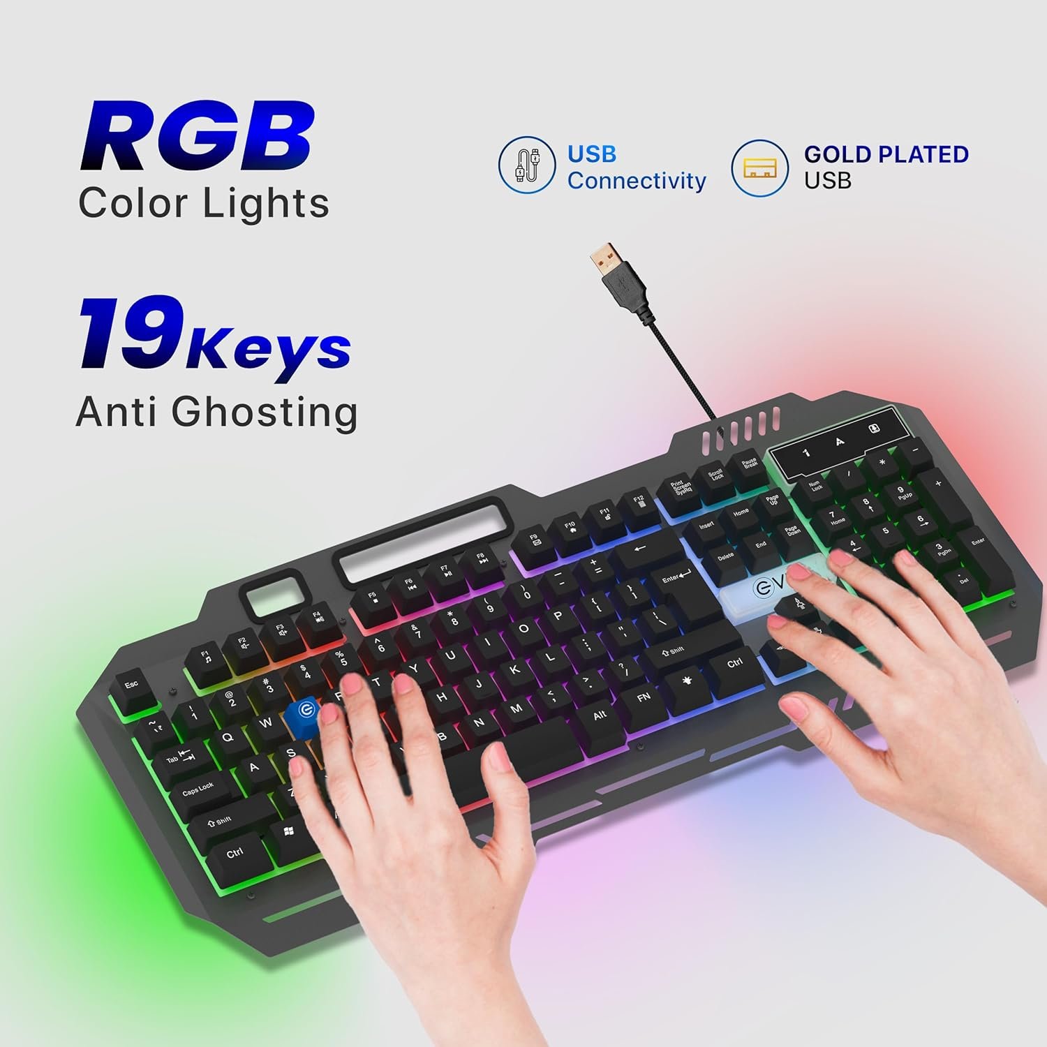 Keyboard & Mouse Combo EVM Gaming Wired EnClaw 9027 WDKM-612 | 104 Keys, Silver Metal Plate, Gold Plated USB, 1.5m Braided Cable, Backlight RGB Multil Color Led Modes, 7200 DPI Resolution, Black + Grey