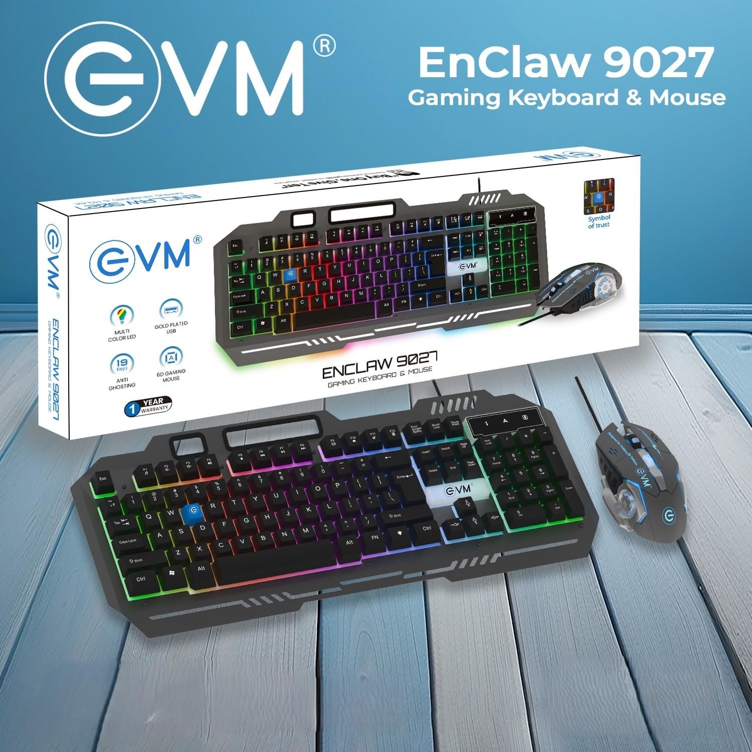Keyboard & Mouse Combo EVM Gaming Wired EnClaw 9027 WDKM-612 | 104 Keys, Silver Metal Plate, Gold Plated USB, 1.5m Braided Cable, Backlight RGB Multil Color Led Modes, 7200 DPI Resolution, Black + Grey