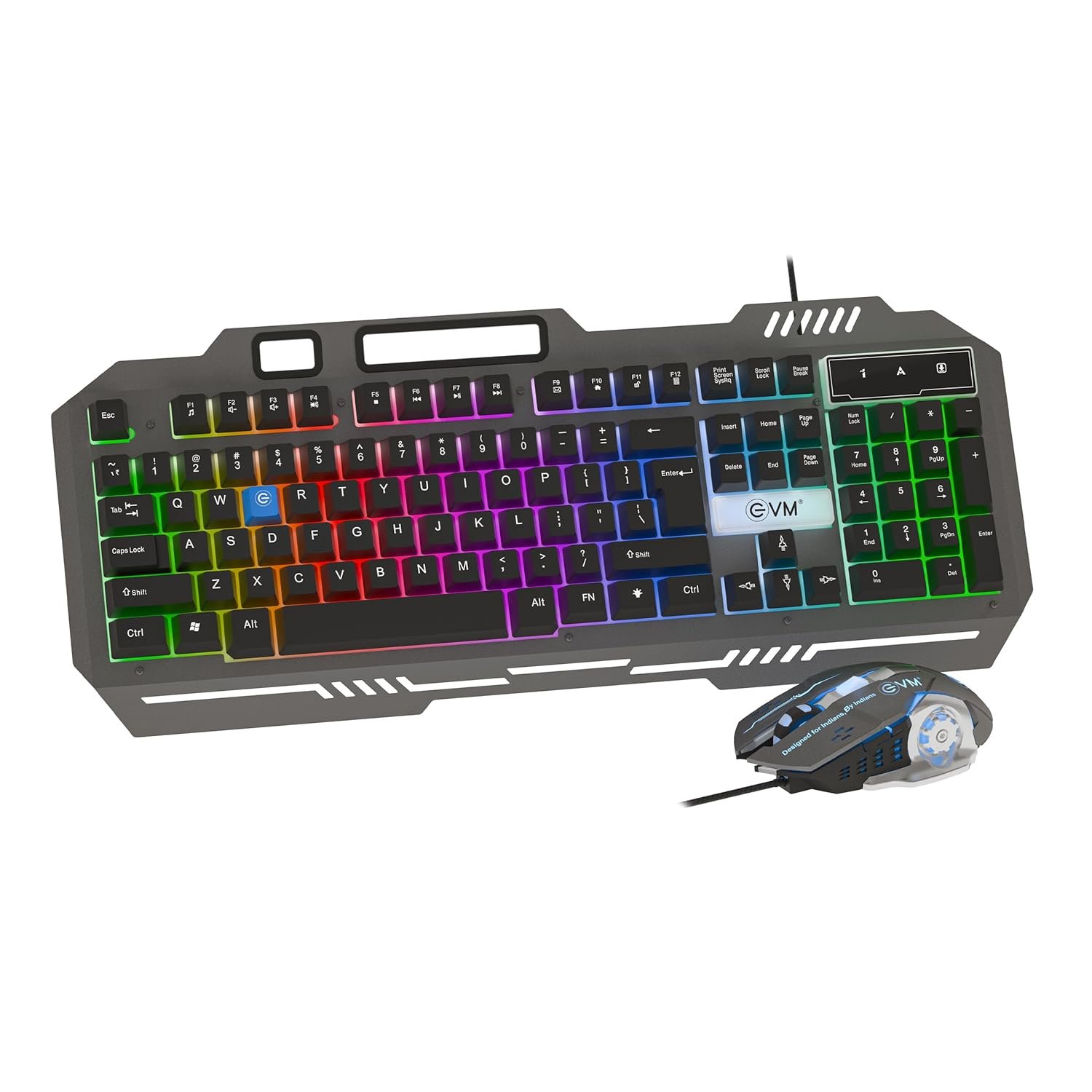 Keyboard & Mouse Combo EVM Gaming Wired EnClaw 9027 WDKM-612 | 104 Keys, Silver Metal Plate, Gold Plated USB, 1.5m Braided Cable, Backlight RGB Multil Color Led Modes, 7200 DPI Resolution, Black + Grey