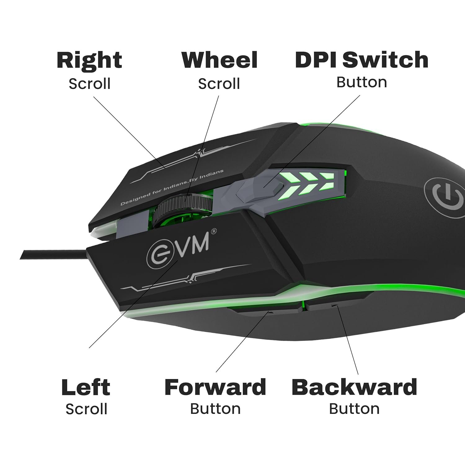 Mouse EVM Wired Gaming 6D M06063 | 3600 DPI Resolution, Multi Color LED, USB Output, 1.5m Pu Cable, Anti Grip Scroll Wheel, Black