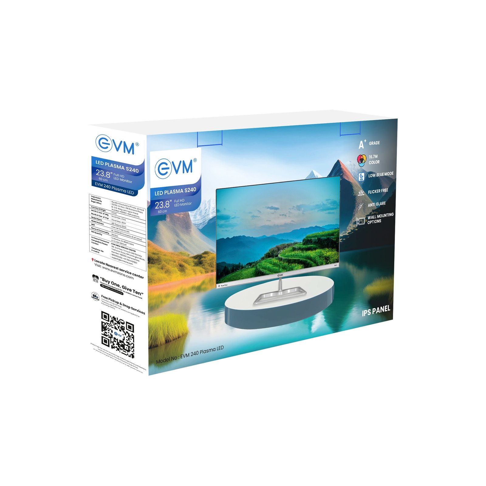 Monitor EVM 240 PLASMA LED | 23.8 Inch Flat LED Frameless FHD Monitor, 100Hz Perfect Motion Rate, IPS Panel, 16.7M Display Colors, Low Blue Mode, Anti Glare, Flicker Free, Bazelless, VGA, HDMI, Wall Mountable, White
