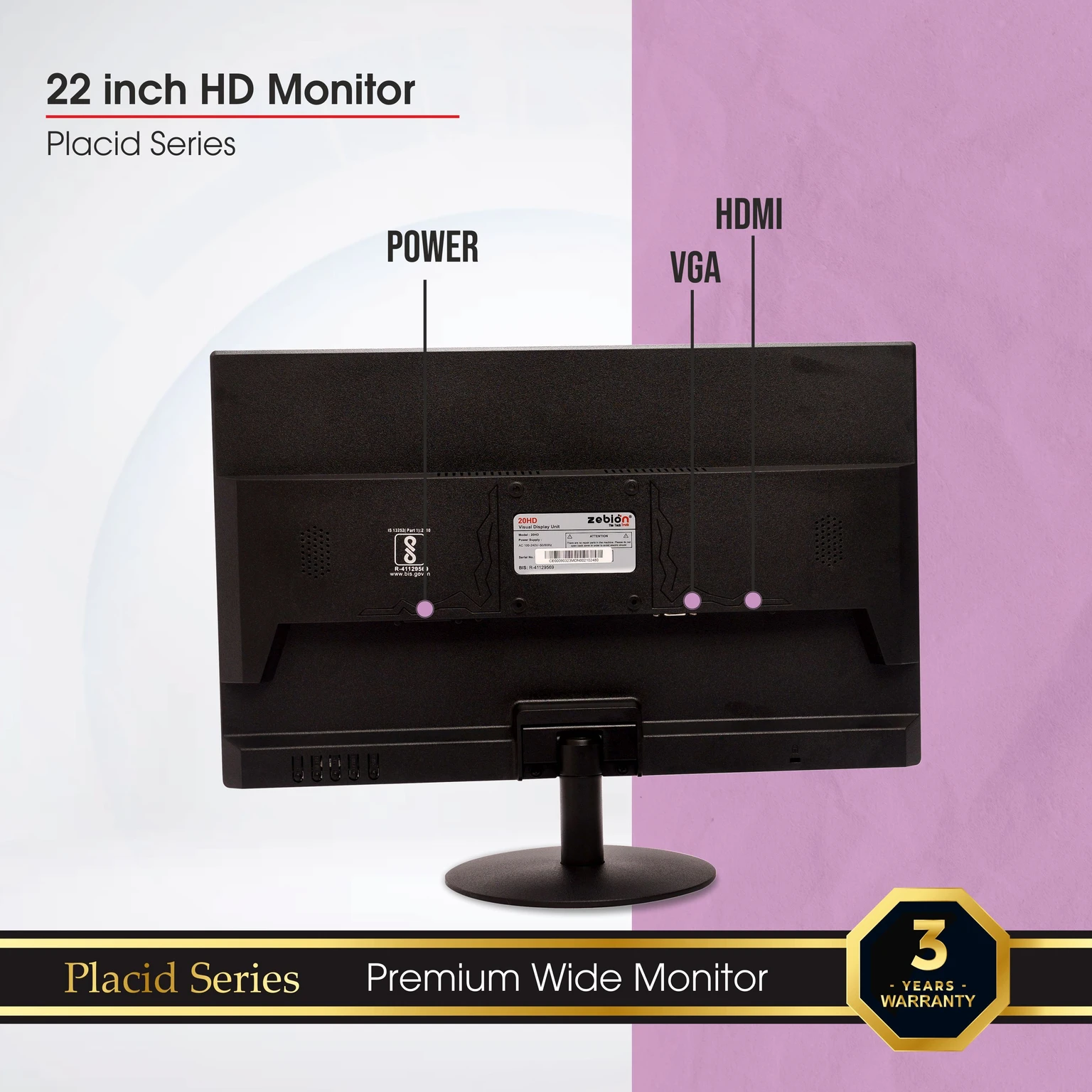 Monitor Zebion 22 inch HD PRO (Placid Series) | 3 years warranty, LED, 5ms Fast Response Time, 17 Million Display Colors, 1680 x 1050 Max Resolution, HDMI, VGA, 4 Wall Mount points