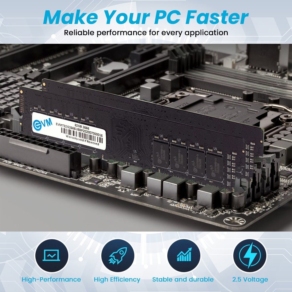 Ram EVM 32GB DDR4 2666MHZ Desktop EVMT32G2666U88P | Update Your Desktop's Performance, CL15 Latency, Compatible with Intel, AMD, and Mac Systems