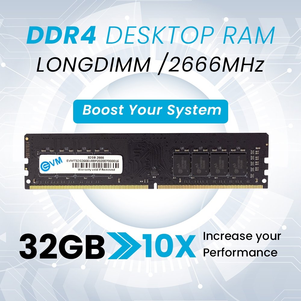 Ram EVM 32GB DDR4 2666MHZ Desktop EVMT32G2666U88P | Update Your Desktop's Performance, CL15 Latency, Compatible with Intel, AMD, and Mac Systems