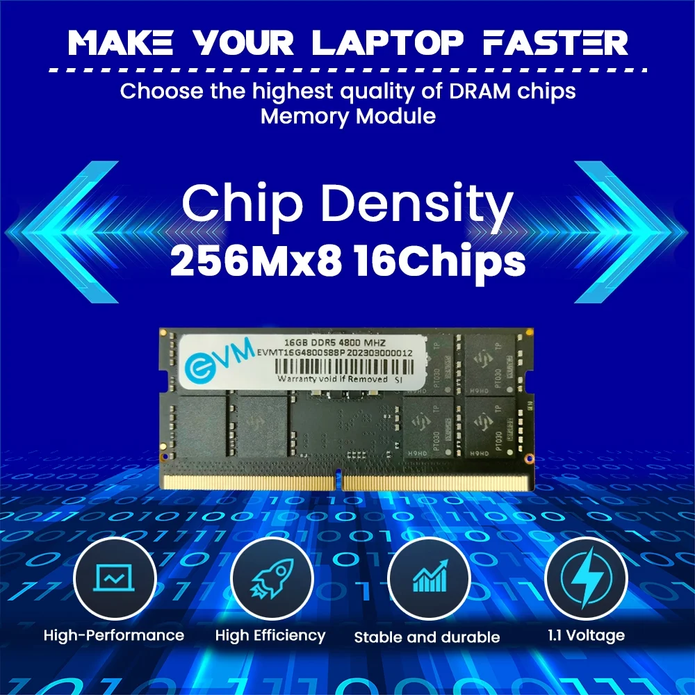 RAM EVM 16GB DDR5 4800MHz SODIMM EVMT16G4800S86P | Laptop Ram, Boost Speed & Performance with Low Latency and Durable Design