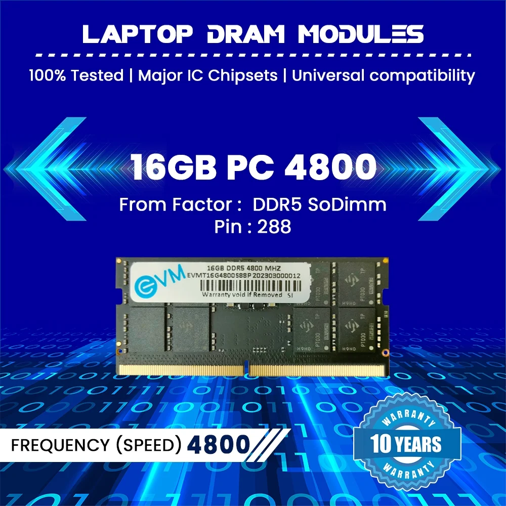 RAM EVM 16GB DDR5 4800MHz SODIMM EVMT16G4800S86P | Laptop Ram, Boost Speed & Performance with Low Latency and Durable Design