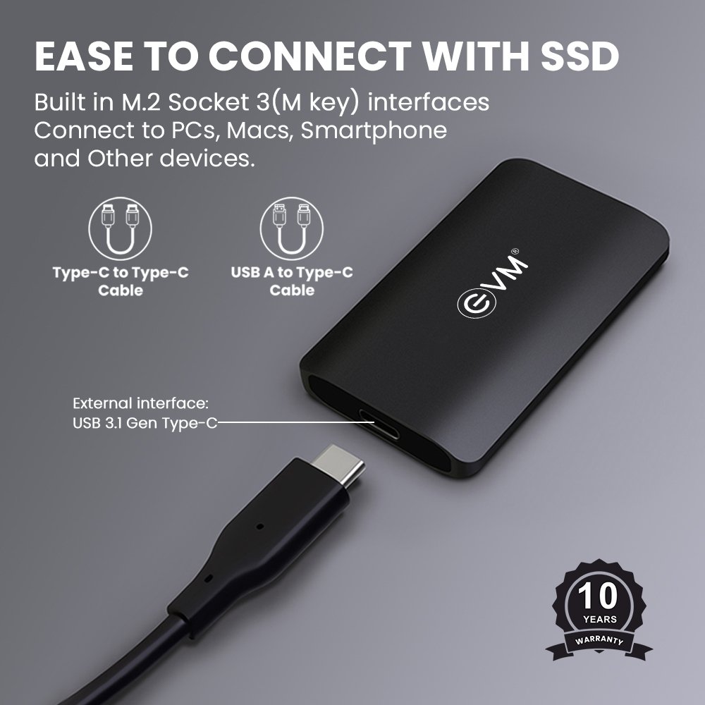 Harddisk EVM EnSave 1TB External SSD EPSSD/1T | Smallest Portable SSD With 550 Mb/s Read & 500 Mb/s Write Speed, USB 3.1 Gen 2 Type C, Compatible with All PCs & Laptops With USB Port, Black