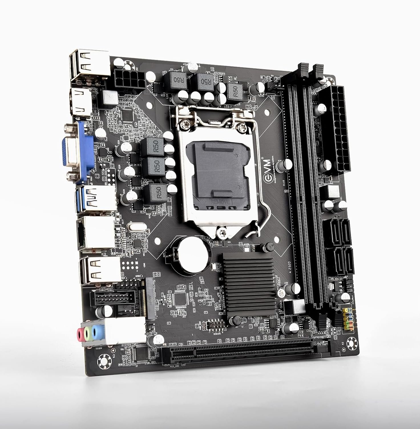Motherboard EVM H110NEL DDR4 With NVME Slot | Intel® H110 Chipset, Supports Intel® Core™ i3/ i5/ i7 Celeron/ Pentium 6th & 7th Gen Series Processor, Supports DDR4 2133/ 2400/ 2666/ 3200Mhz Slots, 2 x USB 3.0, 4x USB 2.0, LGA1151 Socket