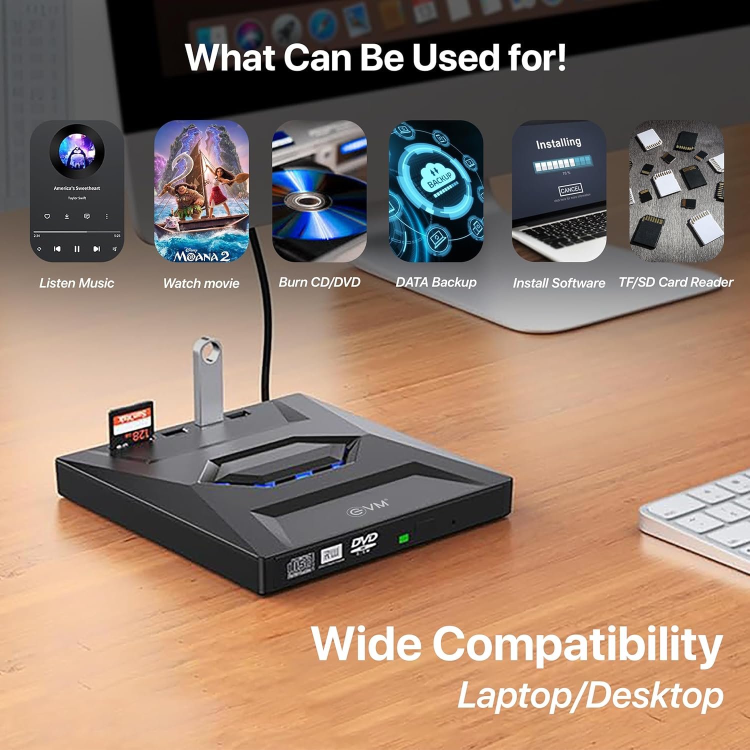 External CD/DVD Drive With HUB EVM EXT-CD-01 | Support Reading & Writing CD/DVD, Hubs & SD Reader, USB 3.0 & Type C, Built-in 2 in 1 Cable, Portable & Compact, For Laptop, Mac, Desktop, PC, Plug & Play, Black
