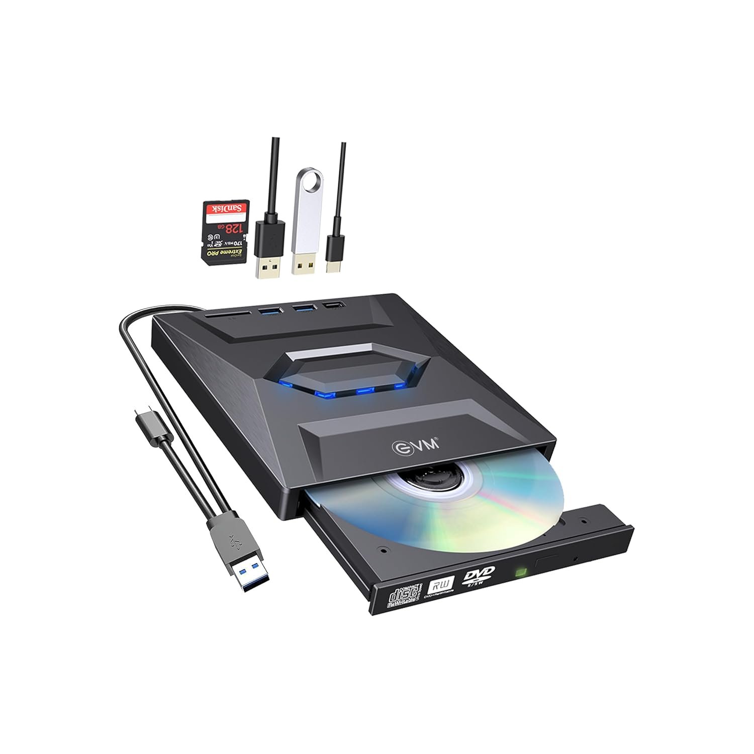 External CD/DVD Drive With HUB EVM EXT-CD-01 | Support Reading & Writing CD/DVD, Hubs & SD Reader, USB 3.0 & Type C, Built-in 2 in 1 Cable, Portable & Compact, For Laptop, Mac, Desktop, PC, Plug & Play, Black
