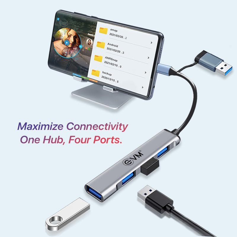 Hub EVM 2-in-1 TYPE C + USB 4 Port EVM CU4HP | USB Dual Input, 1 Hub 3.0 + 3 USB 2.0 Ports, Grey