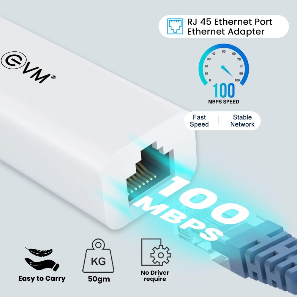 Hub EVM 2 IN 1 USB 2.0 HUB +RJ45 EVM H2 | High-Speed Ethernet Adapter & USB Hub Combo, Type C & USB 2.0 Input, 3x USB 2.0 Ports, 100 Mbps Ethernet Port, Compatibility with Tablet, Phone, White