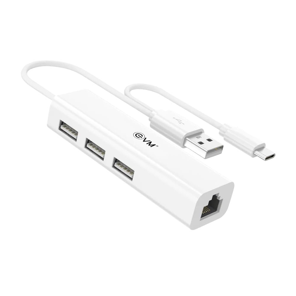 Hub EVM 2 IN 1 USB 2.0 HUB +RJ45 EVM H2 | High-Speed Ethernet Adapter & USB Hub Combo, Type C & USB 2.0 Input, 3x USB 2.0 Ports, 100 Mbps Ethernet Port, Compatibility with Tablet, Phone, White