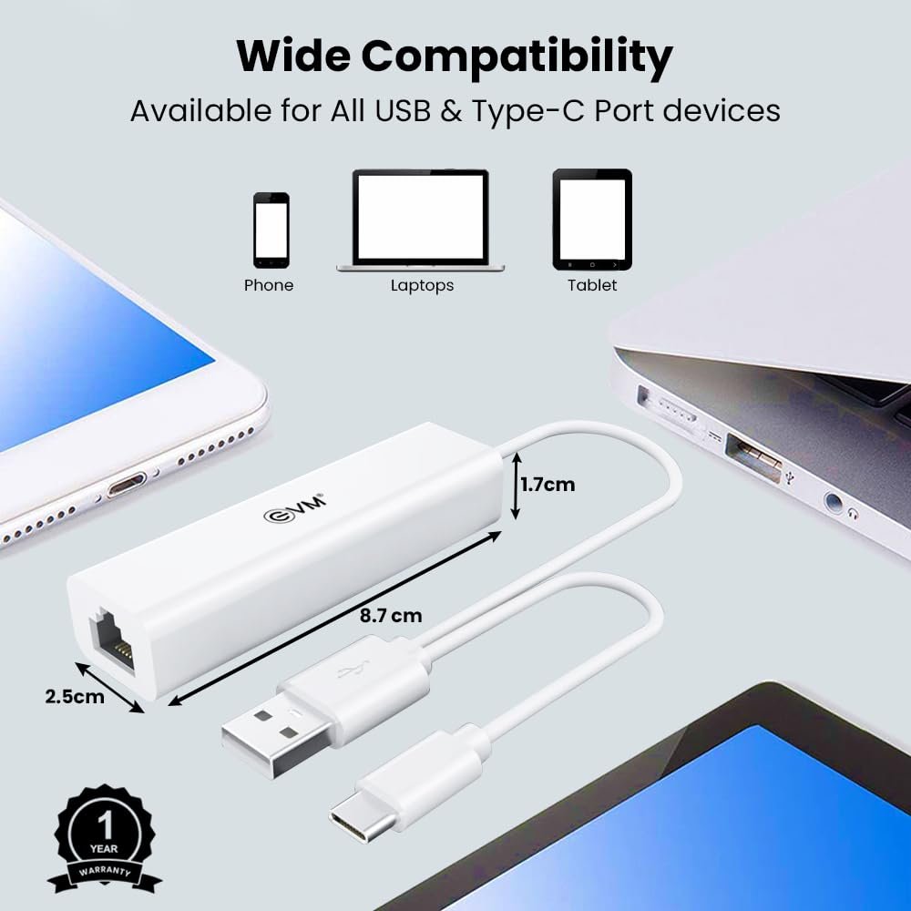 Hub EVM 2 IN 1 USB 2.0 HUB +RJ45 EVM H2 | High-Speed Ethernet Adapter & USB Hub Combo, Type C & USB 2.0 Input, 3x USB 2.0 Ports, 100 Mbps Ethernet Port, Compatibility with Tablet, Phone, White