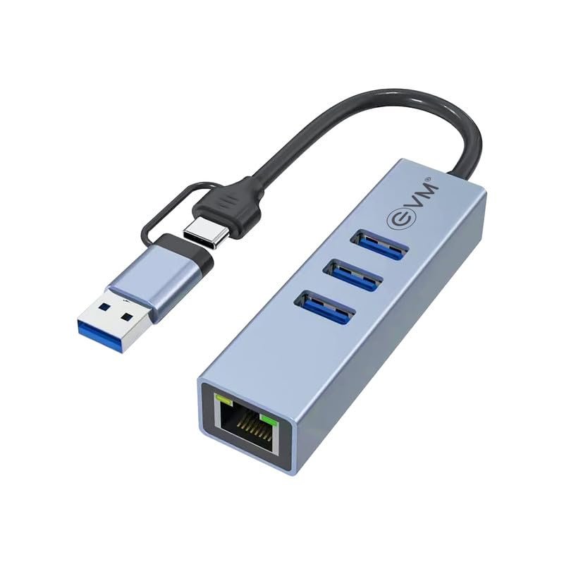 Hub EVM 4-in-1 Multiport EVM CAGiga HUB | Type-C + A USB 3.0 Hub + 1000M Lan, RJ45 Ethernet, Compatible with Laptops, Tablets & Mobiles, Silver Grey