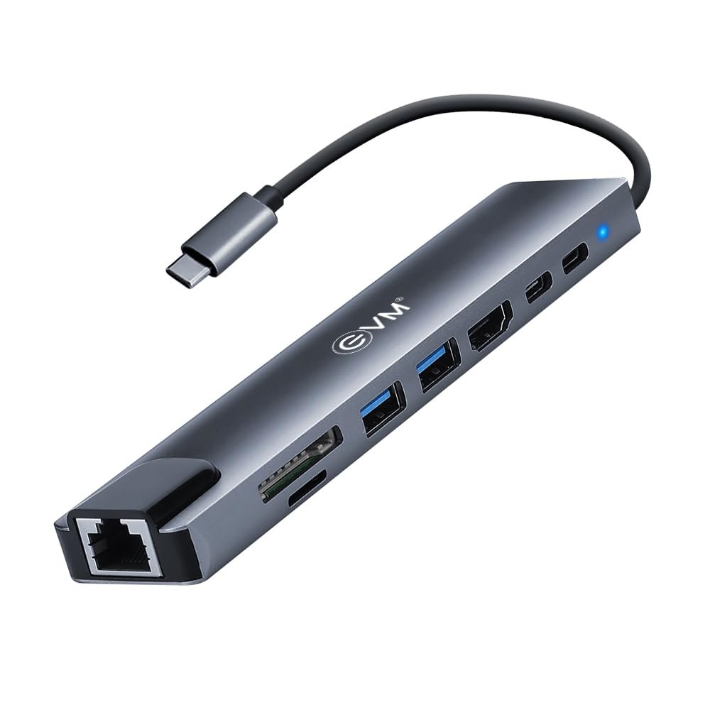 Hub EVM 8 IN 1 TYPE C Multiport Docking Station | Type C + USB 3.0×1 + USB 2.0×1 + LAN 100M + HDMI 2K/4K + TF + SD, Support OS, WINDOWS, LINUX, Silver Grey