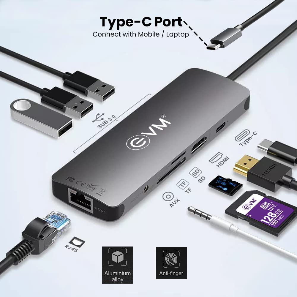 Hub EVM 9 IN 1 TYPE C Multiport Docking Station | 3× USB3.0 + Type-C + SD + MCRO SD + RJ45 + HDMI + Audio/Mic