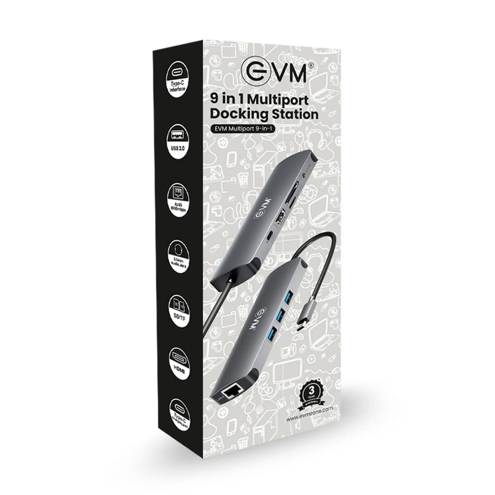 Hub EVM 9 IN 1 TYPE C Multiport Docking Station | 3× USB3.0 + Type-C + SD + MCRO SD + RJ45 + HDMI + Audio/Mic