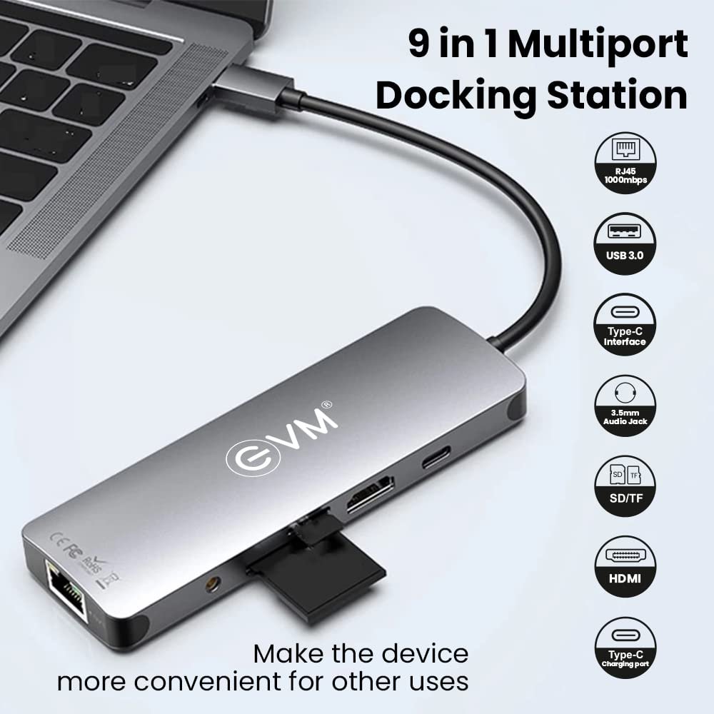 Hub EVM 9 IN 1 TYPE C Multiport Docking Station | 3× USB3.0 + Type-C + SD + MCRO SD + RJ45 + HDMI + Audio/Mic